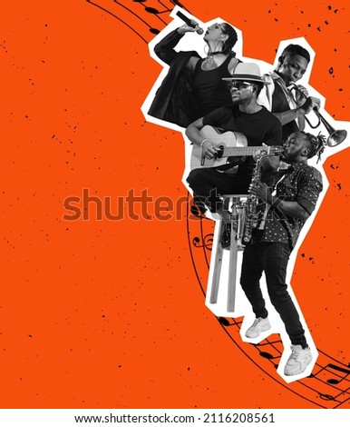 Music festivals. Contemporary art collage. Young musicians performing, singing isolated over bright orange background. Rock concert. Concept of music lifestyle, creativity, inspiration, imagination