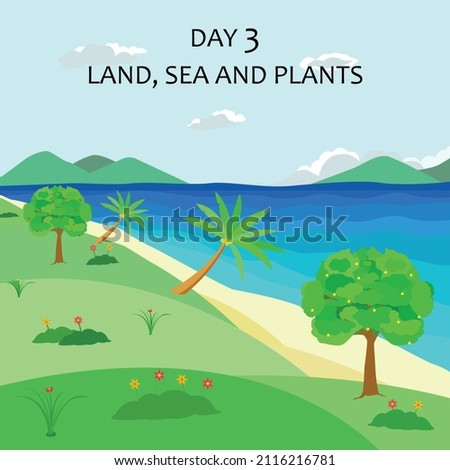 This is the third day of God's creation. On the third day, God created the land, the sea and all kinds of plants. God sees it's good Royalty-Free Stock Photo #2116216781