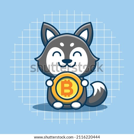 Cute husky dog character hugging bitcoin vector illustration. Flat cartoon style. Isolated cute husky dog concept.