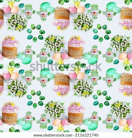 Seamless pattern with glazed Easter cakes, colorful eggs, toy chickens and bouquets on a light square background