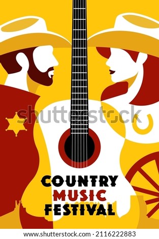 Country music festival poster. Illustration with acoustic guitar, people faces in cowboy hat, wild west elements. Country girl, bearded cowboy, west landscape. Illustration for music event. Royalty-Free Stock Photo #2116222883