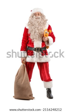 Santa Claus with sack bag and skateboard on white background