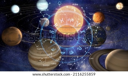 Zodiac signs inside of horoscope circle. Astrology in the sky with many stars horoscopes concept. Royalty-Free Stock Photo #2116255859