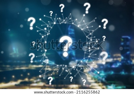 Abstract question marks interface on blurry night city background. Technology online help, problem solution concept.