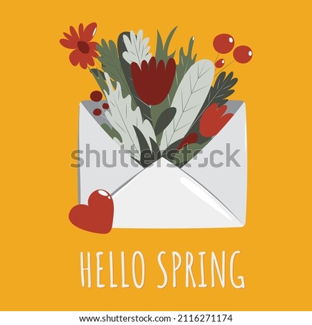 Hello spring vector text. Envelope with flowers, leaves, berries, heart. Bright greeting card, social media post, square shape