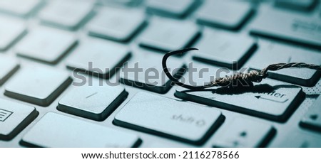 phishing and cyber crime concept. fishing hook on computer keyboard. copy space Royalty-Free Stock Photo #2116278566