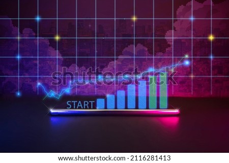 Financial stock market increase profit graph and digital line. Decentralized from defi and nft game economy gain price concept. Cyberpunk and futuristic city theme color. Royalty-Free Stock Photo #2116281413