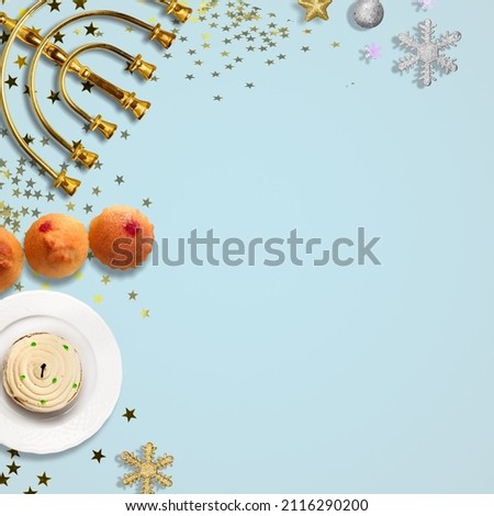 Religion image of jewish holiday Hanukkah background with menorah and food