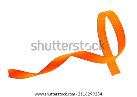 Bright orange curled ribbon close up on white, concept or symbol of health day, copy space Royalty-Free Stock Photo #2116299254