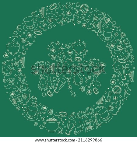 Congratulations on St. Patrick's Day. Irish coin with holiday attributes. Doodle style illustration