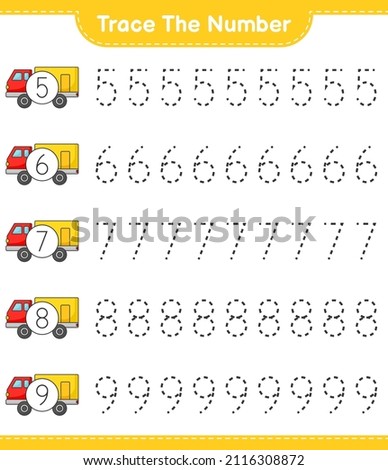 Trace the number. Tracing number with Lorry. Educational children game, printable worksheet, vector illustration