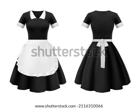 Maid and waitress uniform, hotel and house worker dress clothes. Vector isolated black dress with bell skirt and white apron with ruffle, realistic french maid outfit or housekeeping uniform Royalty-Free Stock Photo #2116310066
