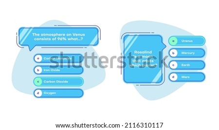 Quiz test menu template, TV show game questions and answers test. Vector flat layout. Quiz game or contest TV show choice template with answer options in blue letter frames Royalty-Free Stock Photo #2116310117