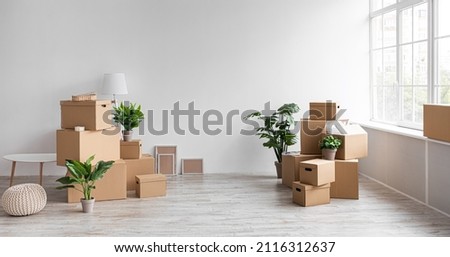 Moving at new own house, renting apartment, buying real estate and advertise, panorama, copy space. Cardboard boxes with belongings, potted plants, furniture in empty room with window and white wall
