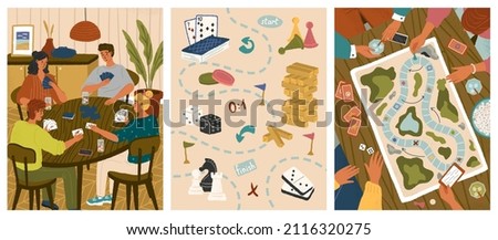 People playing board game at home. Table games concept vector posters set. Group of friends playing cards. Game objects, chess pieces, dice, wooden bricks, domino. Leisure home activities Royalty-Free Stock Photo #2116320275