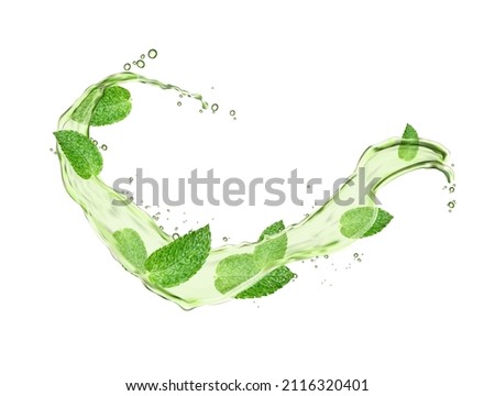Herbal drink wave splash with mint leaves and water flow. Menthol, peppermint, match tea green foliage. Vector organic beverage 3d advertising with realistic leaves in aqua and splatters Royalty-Free Stock Photo #2116320401