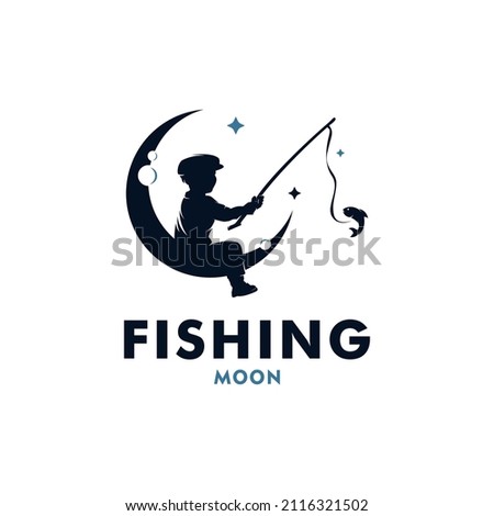 A boy fishing in the moon logo design vector