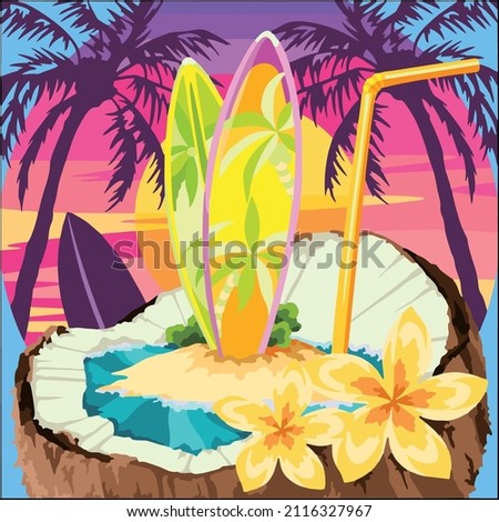 Illustration vector art coconut ice and surf board on the beach
