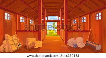 Cartoon farm stable or barn interior, vector haystack and hayloft. Barn interior of ranch or farmhouse with wooden walls, horse stalls, hay or straw, feed trough, sacks, open gate and farmer tools Royalty-Free Stock Photo #2116330163