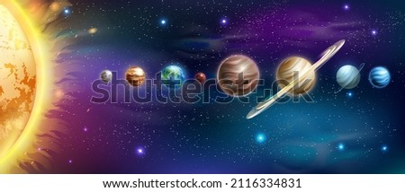 Solar system vector planet background, Sun, Earth, Jupiter, Saturn astrology planetary poster, stars. Space wallpaper, realistic education astronomy school banner. Solar system cosmos clipart Royalty-Free Stock Photo #2116334831