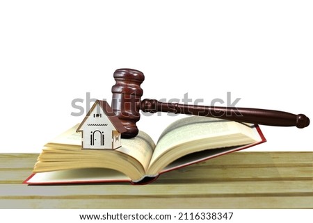 Abstract photo with wooden gavel, beautiful house and open book with codes isolated on white background as symbol of sale of collateral real estate by court decision at auction