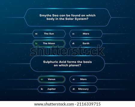 Quiz questions and test menu choice neon template. TV show or trivia game vector layout. Quiz game or intellectual challenge contest template, screen with question and answer options in frames Royalty-Free Stock Photo #2116339715