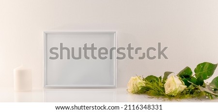White photo frame model with empty space for logos, advertising inscription. 