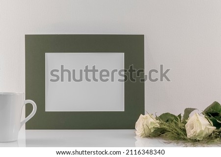 White photo frame model with empty space for logos, advertising inscription. 