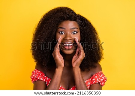 Photo of young gorgeous amazed smiling woman tell secret big sale shopping isolated on yellow color background Royalty-Free Stock Photo #2116350350