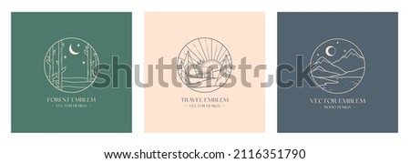Vector linear boho emblems with snowcapped mountain landscape Royalty-Free Stock Photo #2116351790