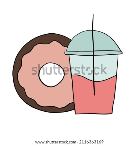 Tasty food Icon doodle  Donut with pink icing and cocktail