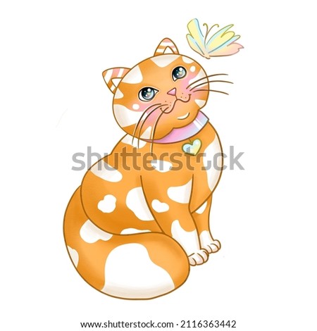 A cute red cat sits and looks at a butterfly. Design element for decoration. Children's illustration for print. Hand-drawn. Cartoon character. fashion print design. White background.