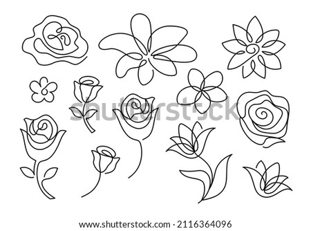 Set of abstract flowers in a modern abstract minimalist one line style. Continuous black line flower simple drawing. Isolated on white. Rose, lily, tulip and roses floral vector illustration.
