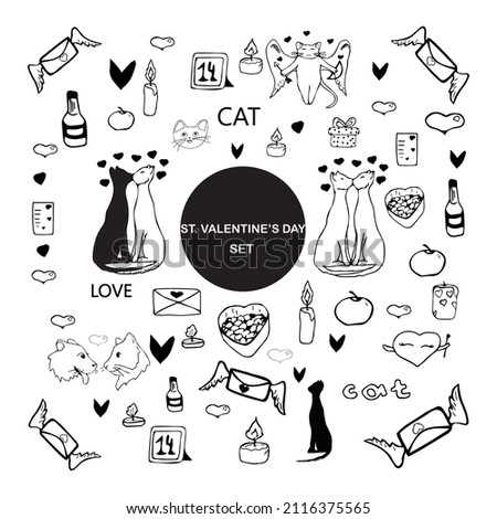 A set of doodle for Valentine's Day. consists of a heart, cats, candles, letters, wines and gifts