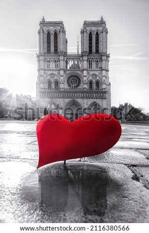 Notre Dame cathedral against red heart, Happy Valentine's Day, Paris in love, France