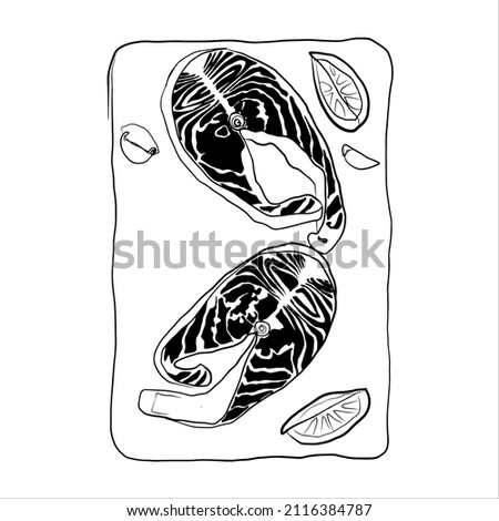 Salmon linear vector hand drawing illustration isolated on white background. steak fish salmon doodle sketch
