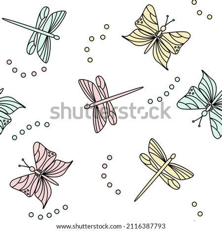 Butterfly and dragonfly seamless pattern. Vector illustration 