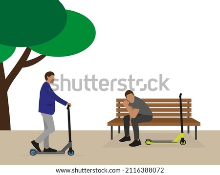 One male character with a scooter sits on a bench while another male character rides a scooter outdoors in summer