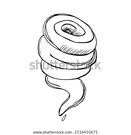 Vector illustration. Hand drawn doodle of tornado swirl. Cartoon sketch. Destructive phenomenon of nature. Funnel of hurricane whirlwind storm. Dangerous weather changes. Isolated on white background