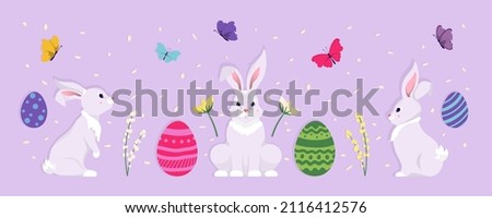 Happy Easter. Colorful vector banner with cute bunnies, rabbits, eggs, flowers, butterflies. Spring holidays. Decorated flat illustration on purple, violet background.