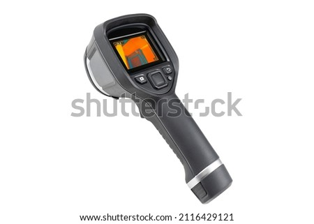 Thermal imager isolated on a white background. Monitoring the temperature distribution of the investigated surface. Thermal imaging camera inspection isolated. Check heat loss Royalty-Free Stock Photo #2116429121