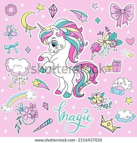 Set of cute cartoon unicorn, flowers and magic elements. Vector isolated illustration. For sticker pack, print, posters, design, decor, linen, dishes, t-shirt and kids apparel