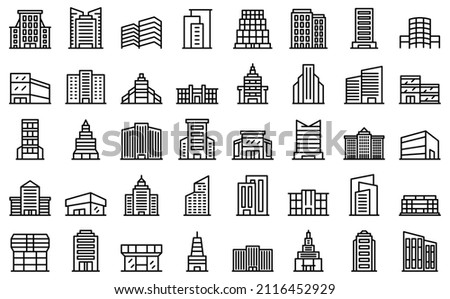 Business center icons set outline vector. House architecture. Central city Royalty-Free Stock Photo #2116452929