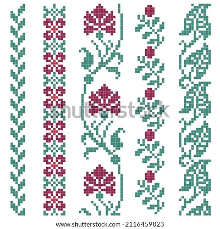 Cross stitch border set with floral green and red elements