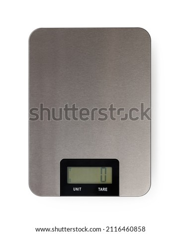 Digital kitchen scale isolated on a white background. Electronic scales for measurement the food weight during dieting and cooking. Rectangular metallic measuring device cutout. Top view. Royalty-Free Stock Photo #2116460858