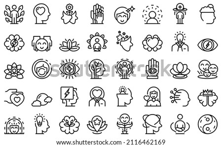 Mindfulness icons set outline vector. Mind stress. Relax peace Royalty-Free Stock Photo #2116462169
