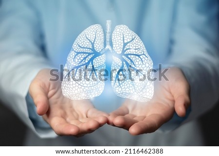Lungs issues medical concept. Photo of female doctor, empty space.  Royalty-Free Stock Photo #2116462388