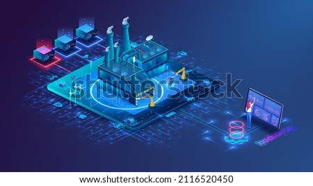Digital control technology in the manufacturing industry optimization of maintenance facilities. Modern isometric smart factory manufacturing facilities.  Isometric vector illustration, banner. Royalty-Free Stock Photo #2116520450