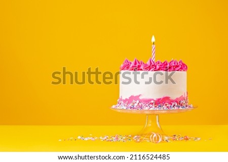 Birthday Cake with pink buttercream icing, colorful sprinkles and lit birthday candle over a bright and saturated yellow background.