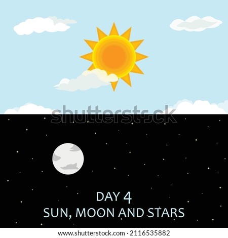 This is the fourth day of God's creation. On the fourth day, God created the luminaries consisting of the sun, moon and stars. The sun during the day and the moon and stars at night Royalty-Free Stock Photo #2116535882